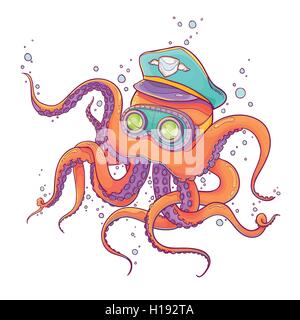 Vektor-Illustration von Orange Octopus tragen Kapitän Hut und Steampunk Brille isoliert auf weißem Hintergrund Stock Vektor