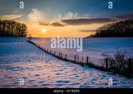 Winter-Sonnenuntergang über einen Zaun und Schnee überdachten Hof-Feld im ländlichen Carroll County, Maryland. Stockfoto
