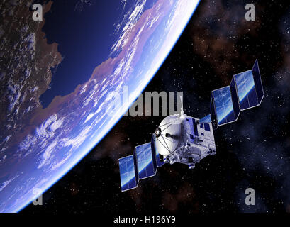 Satellit setzt Solar-Panels und der Planetenerde spiegelt sich In ihnen. 3D Illustration. Stockfoto