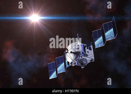 Satellit setzt Solarzellen und Erde spiegelt sich In ihnen. 3D Illustration. Stockfoto