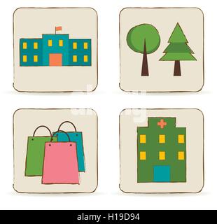 Städtische Gebäude und Plätze Symbole festgelegt. Stock Vektor