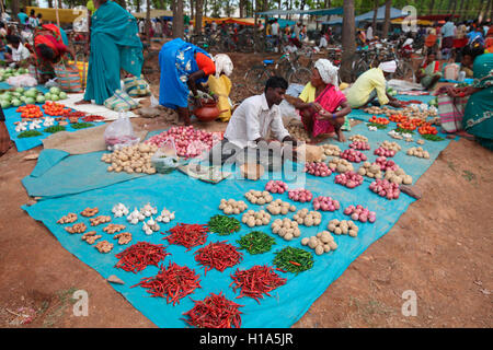 Obst-und Gemüsehändler, Dhurwa Tribal Markt, Pandripani Dorf, Chattisgarh, Indien Stockfoto