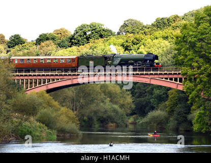 Die Flying Scotsman Dampflokomotive überquert den Fluss Severn auf der Victoria Bridge bei Arley in Shropshire. Die weltberühmte Lokomotive befördert Passagiere auf der Severn Valley Railway. Bild von David Bagnall Stockfoto