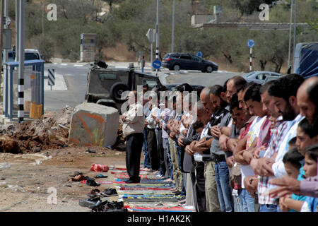 Nablus, West Bank, Palästina. 23. Sep, 2016. Palästinenser führen Freitagsgebet, wie israelische Soldaten auf, neben der Beta Junction Ost West Bank Stadt Nablus, aussehen, aus Protest gegen die Schließung des Eingangs des Dorfes Beta von der israelischen Armee. Bildnachweis: Mohammed Turabi/ImagesLive/ZUMA Draht/Alamy Live-Nachrichten Stockfoto