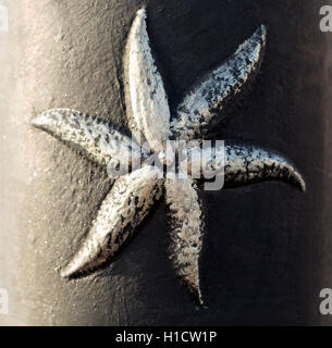 Muster-Seestern an der eisernen Säule im Licht der Sonne. Close-up. Stockfoto