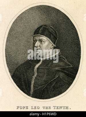 Antike c1830 Gravur, Papst Leo X. Pope Leo X (1475-1521), geboren Giovanni di Lorenzo de' Medici, war Papst von 9 März 1513 bis zu seinem Tod im Jahre 1521. [1] der zweite Sohn von Lorenzo il Magnifico, Herrscher über die florentinische Republik, wurde er die Niederlegung in 1489. QUELLE: ORIGINAL GRAVUR. Stockfoto