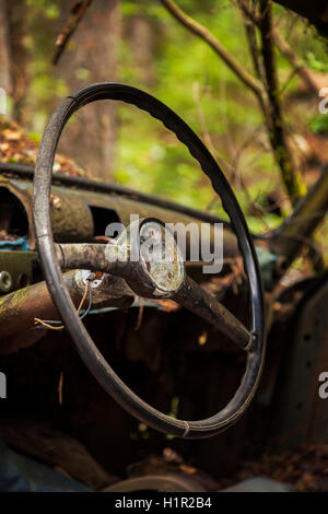 Nahaufnahme des Lenkrads eines verlassenen rostigen alten Autos. Stockfoto