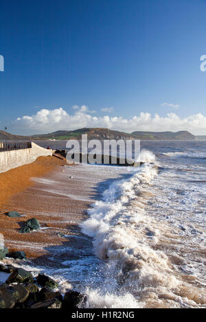 Sturm-Wellen auf den Strand und gegen den neuen Deich in Lyme Regis mit Golden Cap hinaus, Dorset, England, UK Stockfoto