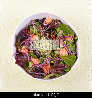 Salat mit Sprossen, Lachs und Gemüse. Stockfoto