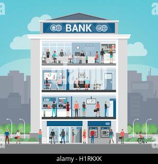 Gebäude mit Menschen arbeiten und Raum Inneneinrichtung, Büro, Rezeption, Wartezimmer, Self-Service-atm und Eingang, Finanzen Bank ein Stock Vektor