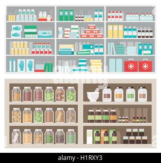 Medizin, Pharmazie, Pharmazie Gläser und Apotheker Schrank, Deutsches