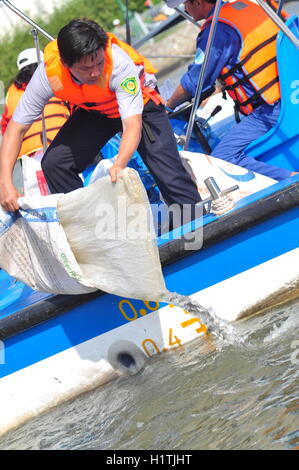 Ho-Chi-Minh-Stadt, Vietnam - 24. April 2015: Fische befinden sich in Plastiktüten, die Vorbereitung in den Saigon River in freigegeben werden die Stockfoto