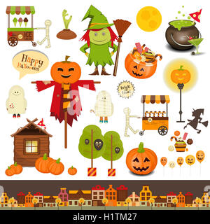Halloween-Set des Trick or Treat Objekte auf weißem Hintergrund. Stockfoto