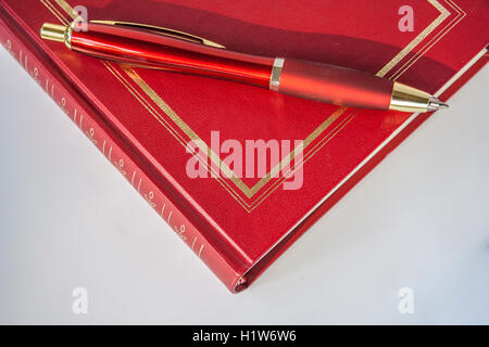 Stift auf Buch liegend Stockfoto