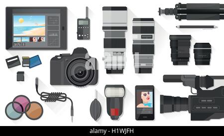 Video, Fotografie und in Post Produktion Banner mit professionellem Equipment, flach zu legen Stock Vektor