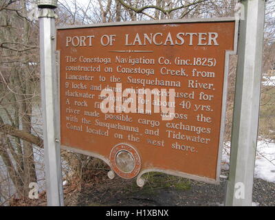 Informationsschild "Port of Lancaster", Susquehanna River, Pennsylvania Stockfoto