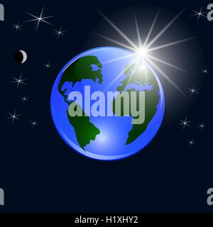 Blauen Planetenerde. Blick vom Raum auf den Boden und die aufgehende Sonne. Stilisierte glänzende Kugel. Abbildung Stock Vektor