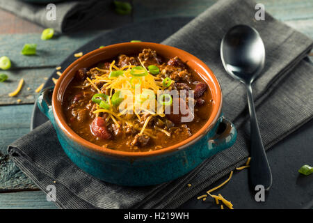 Hausgemachte Rindfleisch Chili Con Carne mit Käse und Zwiebeln Stockfoto