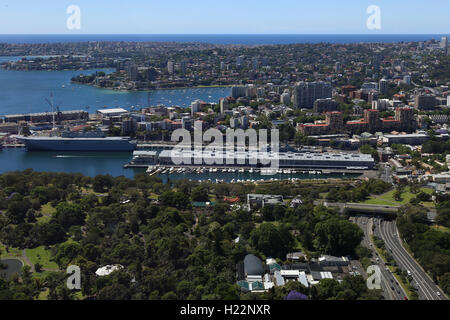 Die Finger Wharf oder Woolloomooloo Wharf ist eine Werft in Woolloomooloo Bay, Sydney, Australien. Stockfoto