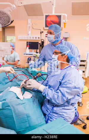 Nasennebenhöhlenchirurgie, Chirurgen durchführen funktionelle endoskopische Nasennebenhöhlenchirurgie, Krankenhaus in Limoges, Frankreich. Stockfoto