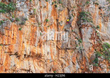 Man klettert auf Fels, Klettern Festival, San Vito Lo Capo, Sizilien, Italien Stockfoto