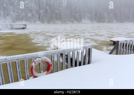 Steg auf gefrorenen Mummelsee im Winter mit Schnee, Schwarzwald, Baden-Württemberg, Deutschland Stockfoto