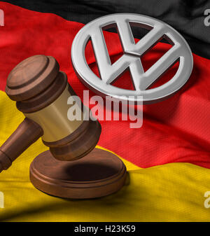 Auf die deutsche Fahne Hammer, VW-Logo, Emissionen Skandal Stockfoto