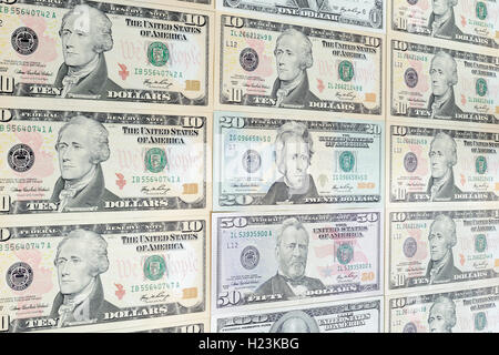 Verschiedene US-Dollarnoten, 10, 20, 50 Dollar Bill Stockfoto