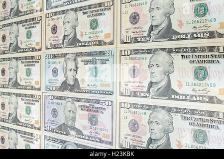 Verschiedene US-Dollarnoten, 10, 20, 50 Dollar Bill Stockfoto
