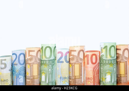 Die Rollen der verschiedenen Euro-Banknoten Stockfoto