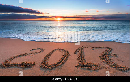 2017 in Sand am tropischen Strand geschrieben Stockfoto