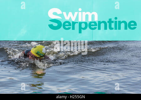 London, UK. 24. Sep, 2016. Tausende von Schwimmern, die meisten davon in Neoprenanzügen, Teilnahme an der ersten jemals schwimmen Serpentine Veranstaltung im Londoner Hyde Park. Schwimmer in Wellen von 350 aufbrechen und eine Distanz von 1 Meile zurückgelegt. Bildnachweis: Bettina Strenske/Alamy Live-Nachrichten Stockfoto