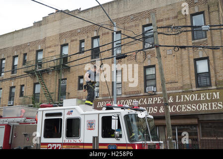 Ridgewood, USA, 24. Sept., NYFD ankommen und schneiden lose Kabel, Ridgewood, NYC, USA © Maximilian Benner/Alamy Live News Stockfoto