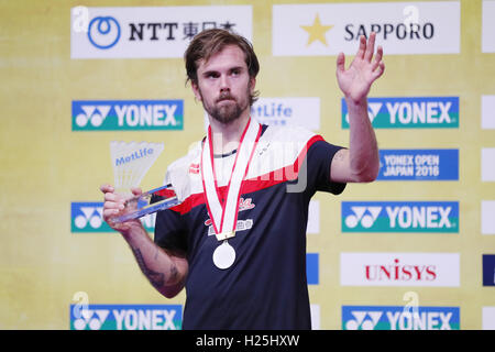 Tokyo Metropolitan Gymnasium, Tokio, Japan. 25. September 2016. Jan Jorgensen (DEN), 25. September 2016 - Badminton: Yonex Open Japan 2016 Herren Einzel der Preisverleihung am Tokyo Metropolitan Gymnasium, Tokio, Japan. © Yusuke Nakanishi/AFLO SPORT/Alamy Live-Nachrichten Stockfoto