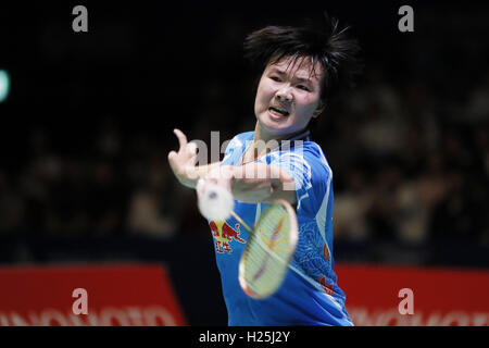 Tokyo Metropolitan Gymnasium, Tokio, Japan. 25. September 2016. He Bingjiao (CHN), 25. September 2016 - Badminton: Yonex Open Japan 2016 Damen Einzel Finale am Tokyo Metropolitan Gymnasium, Tokio, Japan. © Yusuke Nakanishi/AFLO SPORT/Alamy Live-Nachrichten Stockfoto