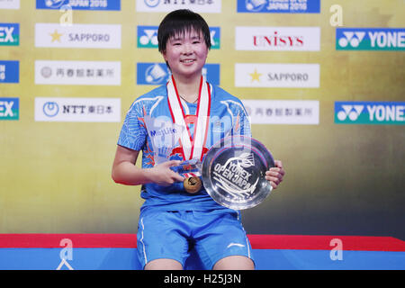 Tokyo Metropolitan Gymnasium, Tokio, Japan. 25. September 2016. He Bingjiao (CHN), 25. September 2016 - Badminton: Yonex Open Japan 2016 Dameneinzel Preisverleihung am Tokyo Metropolitan Gymnasium, Tokio, Japan. © Yusuke Nakanishi/AFLO SPORT/Alamy Live-Nachrichten Stockfoto