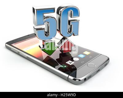Handy mit 5G standard Netzwerkkommunikation. High-Speed mobile Internet-Technologie. Smartphone mit Text isoliert 5 G auf Stockfoto