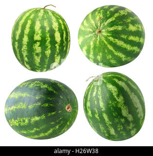 Isolierte Wassermelonen. Sammlung von vier Wassermelone Früchte isoliert auf weißem Hintergrund mit Beschneidungspfad Stockfoto