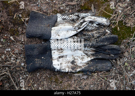 Paar gut genutzte Arbeitshandschuhe im Boden auf die Apostel Inseln Marina gefunden. Bayfield Wisconsin WI USA Stockfoto