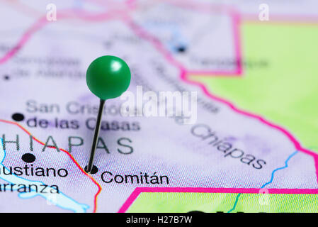 Comitán fixiert auf einer Karte von Mexiko Stockfoto