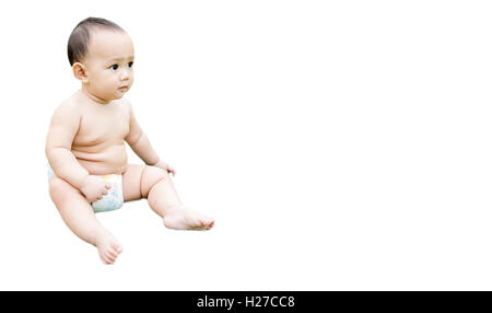 Baby-sitting auf weißem Hintergrund mit dem Raum auf der rechten Seite des Fotos Stockfoto