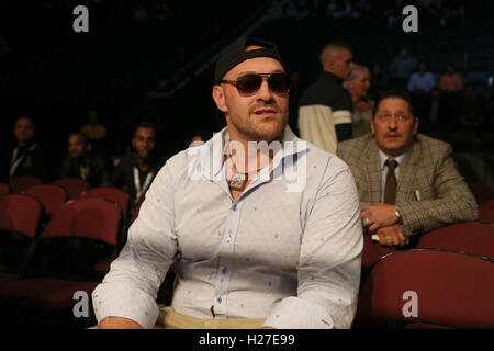 Tyson Fury Uhren die Aktion in Manchester Arena. Stockfoto