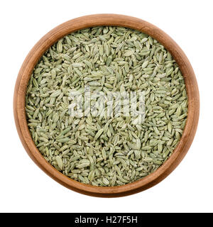 Fenchelsamen in einer Holzschale auf weißem Hintergrund. Getrocknete Früchte von Foeniculum Vulgare, eine aromatische und würzige Kräuter. Stockfoto