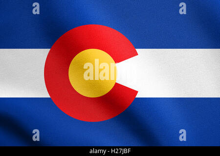 Colorado offizielles Symbol. Amerikanische patriotische Element. USA-Banner. Flagge der US-Bundesstaat Colorado winken in den Wind, texturiert Stockfoto