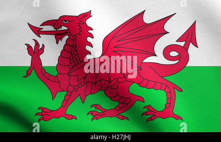 Walisische offizielle Nationalflagge. Patriotisches Symbol, Banner, Element, Hintergrund. Flagge von Wales im wehende wind mit Stoff Stockfoto