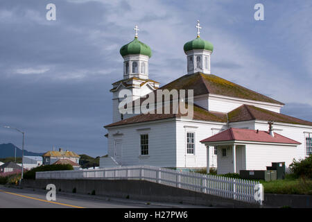 Alaska, Aleuten-Insel Unalaska, Dutch Harbor. (53-54-15 N 166-31-68 W) Heiligen Himmelfahrt Kathedrale, Russisch-orthodoxe Kirche. Stockfoto