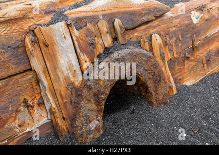 Andreanof Inseln, Alaska, Aleuten-Inselkette. Abgelegenen Vulkaninsel Seguam (52-22-89 N 172-23-83 W) alten Schiffswrack am Strand Stockfoto