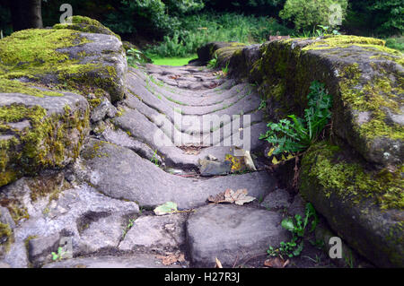 Nahaufnahme der getragen Nut in der Lastesel-Brücke im Weiler Wycoller, Colne, Pendle, Lancashire, England, UK. Stockfoto