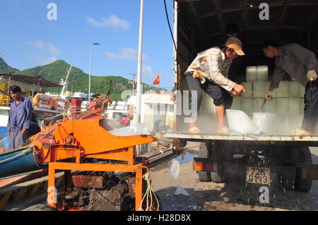 Con Dao, Viet Nam - 2. Juli 2012: Träger sind Rasieren Eis in der lokalen Hafenstadt der Insel Con Dao in Vietnam Stockfoto