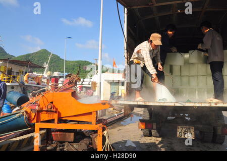 Con Dao, Viet Nam - 2. Juli 2012: Träger sind Rasieren Eis in der lokalen Hafenstadt der Insel Con Dao in Vietnam Stockfoto